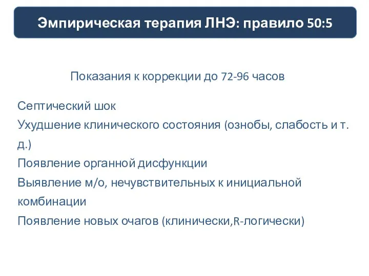 Эмпирическая терапия ЛНЭ: правило 50:5 Показания к коррекции до 72-96 часов