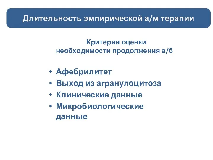 Критерии оценки необходимости продолжения а/б Афебрилитет Выход из агранулоцитоза Клинические данные