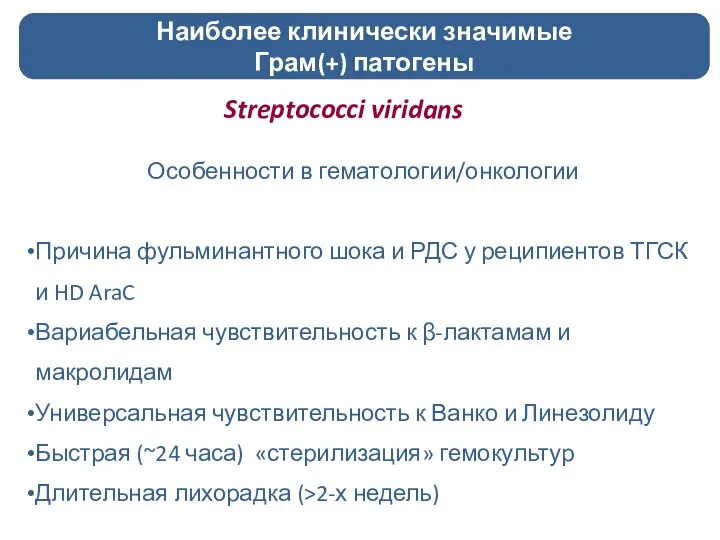 Streptococci viridans Особенности в гематологии/онкологии Причина фульминантного шока и РДС у