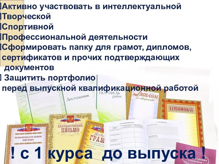 Активно участвовать в интеллектуальной Творческой Спортивной Профессиональной деятельности Сформировать папку для