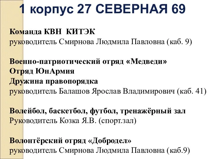 1 корпус 27 СЕВЕРНАЯ 69 Команда КВН КИТЭК руководитель Смирнова Людмила