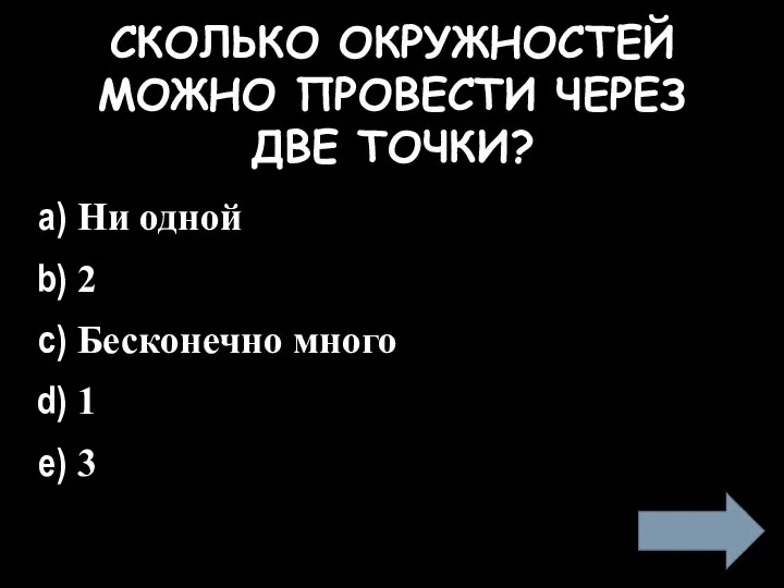 СКОЛЬКО ОКРУЖНОСТЕЙ МОЖНО ПРОВЕСТИ ЧЕРЕЗ ДВЕ ТОЧКИ? Ни одной 2 Бесконечно много 1 3