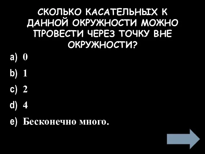 СКОЛЬКО КАСАТЕЛЬНЫХ К ДАННОЙ ОКРУЖНОСТИ МОЖНО ПРОВЕСТИ ЧЕРЕЗ ТОЧКУ ВНЕ ОКРУЖНОСТИ?