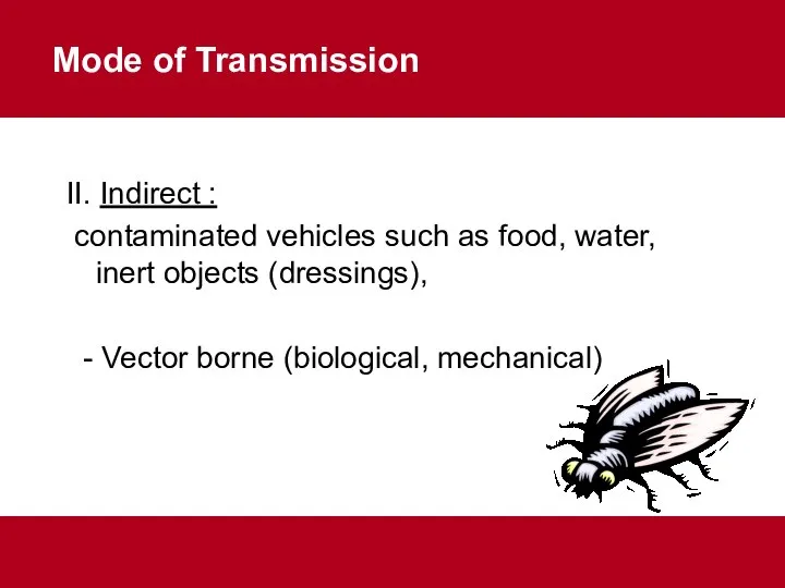 Mode of Transmission II. Indirect : contaminated vehicles such as food,