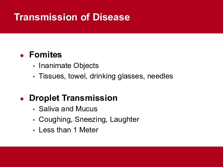 Transmission of Disease Fomites Inanimate Objects Tissues, towel, drinking glasses, needles