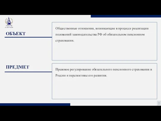 2 ОБЪЕКТ ПРЕДМЕТ Общественные отношения, возникающие в процессе реализации положений законодательства