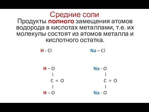 Средние соли Продукты полного замещения атомов водорода в кислотах металлами, т.е.