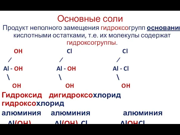 Основные соли Продукт неполного замещения гидроксогрупп оснований кислотными остатками, т.е. их