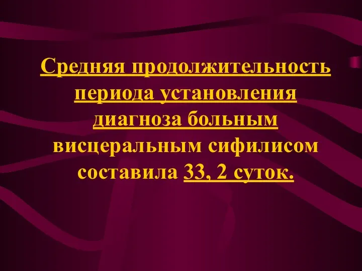 Средняя продолжительность периода установления диагноза больным висцеральным сифилисом составила 33, 2 суток.