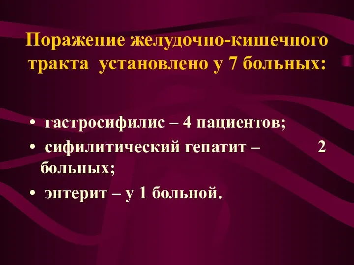 Поражение желудочно-кишечного тракта установлено у 7 больных: гастросифилис – 4 пациентов;