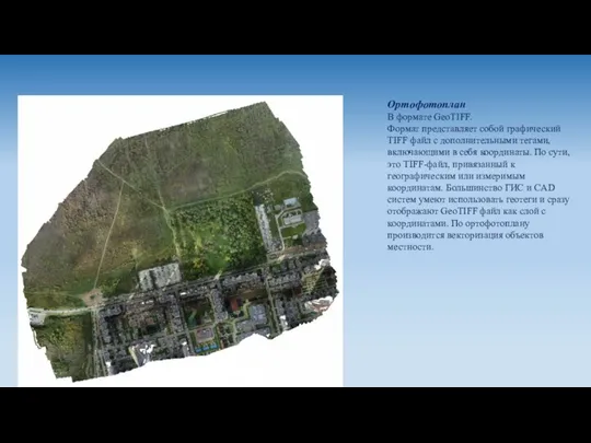 Ортофотоплан В формате GeoTIFF. Формат представляет собой графический TIFF файл с
