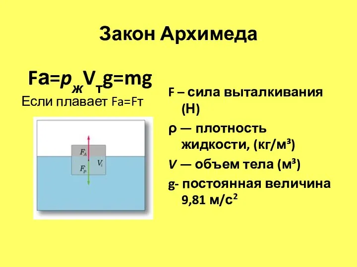 Закон Архимеда Fа=pжVтg=mg Если плавает Fa=Fт F – сила выталкивания (Н)