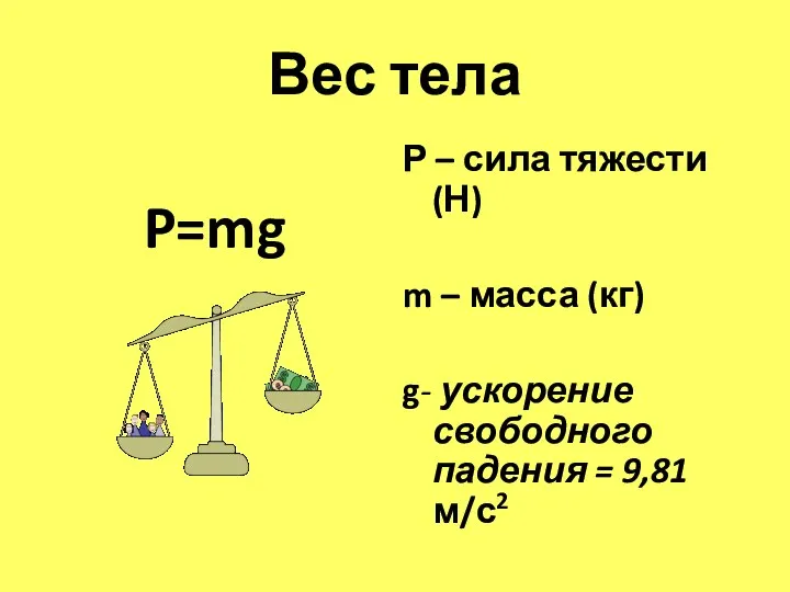 Вес тела P=mg Р – сила тяжести (Н) m – масса