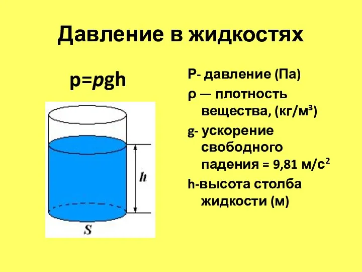 Давление в жидкостях p=pgh Р- давление (Па) ρ — плотность вещества,