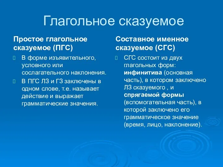 Глагольное сказуемое Простое глагольное сказуемое (ПГС) В форме изъявительного, условного или