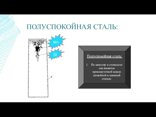 ПОЛУСПОКОЙНАЯ СТАЛЬ: Полуспокойная сталь: По качеству и стоимости она является промежуточной