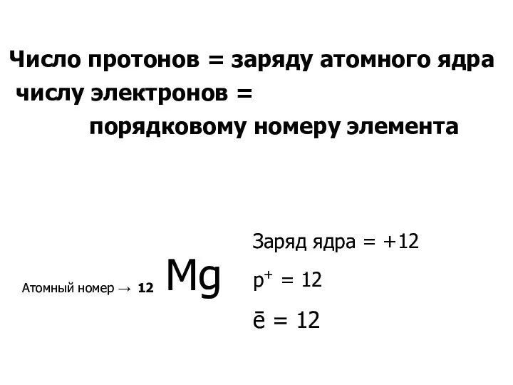 Число протонов = заряду атомного ядра числу электронов = порядковому номеру