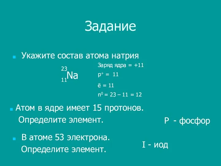 Задание Укажите состав атома натрия Na 11 23 p+ = 11