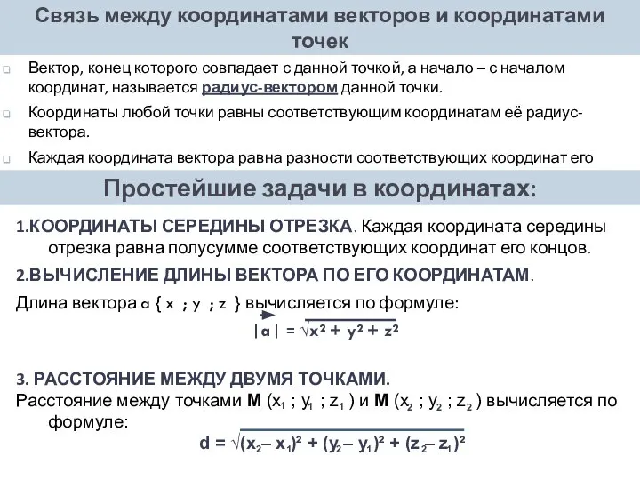 Связь между координатами векторов и координатами точек Вектор, конец которого совпадает