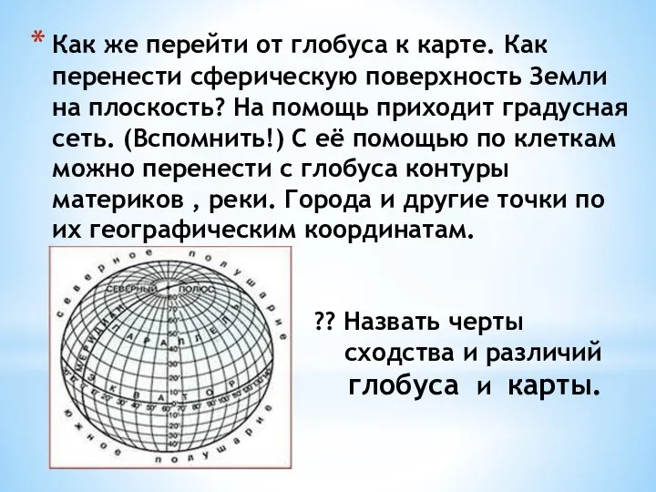 Как же перейти от глобуса к карте. Как перенести сферическую поверхность