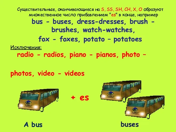 Существительные, оканчивающиеся на S, SS, SH, CH, X, O образуют множественное