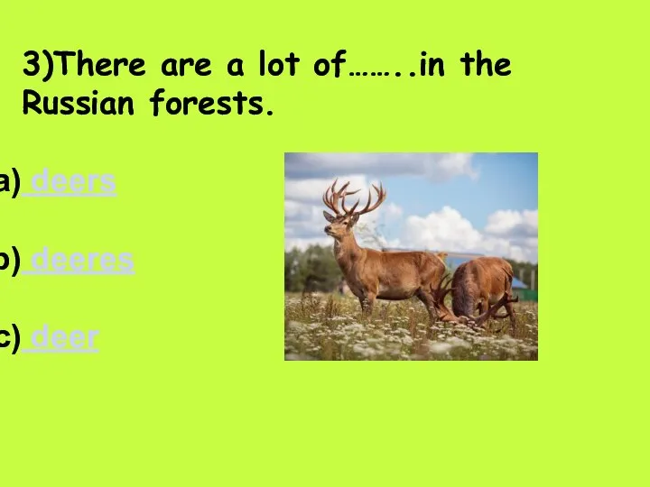 3)There are a lot of……..in the Russian forests. deers deeres deer