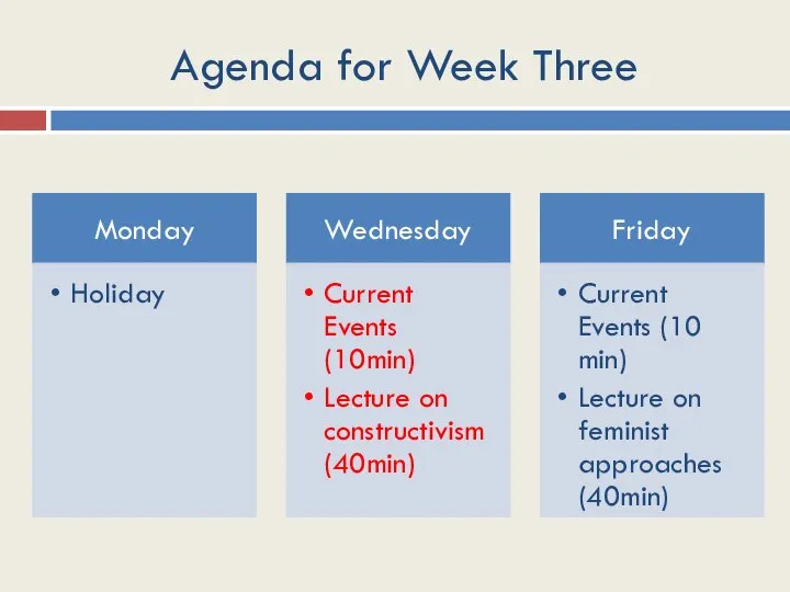 Agenda for Week Three