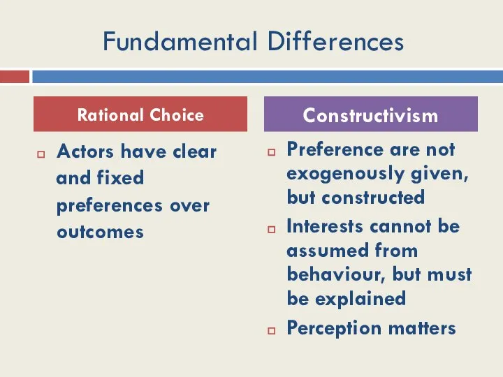 Fundamental Differences Actors have clear and fixed preferences over outcomes Preference