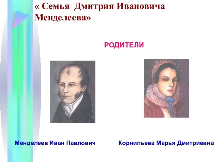 « Семья Дмитрия Ивановича Менделеева» РОДИТЕЛИ Менделеев Иван Павлович Корнильева Марья Дмитриевна