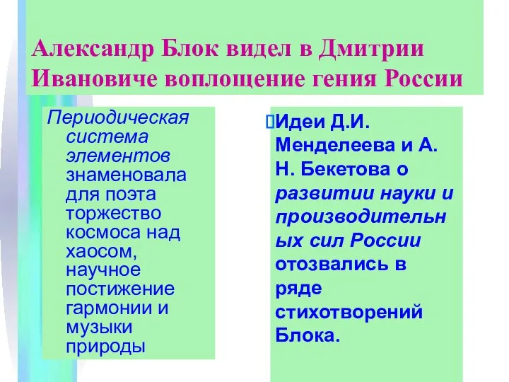 Александр Блок видел в Дмитрии Ивановиче воплощение гения России Периодическая система