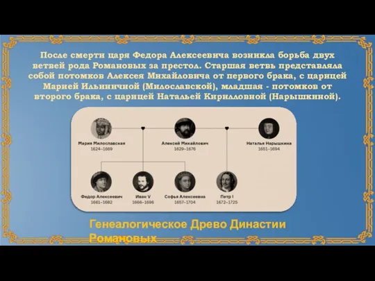 После смерти царя Федора Алексеевича возникла борьба двух ветвей рода Романовых