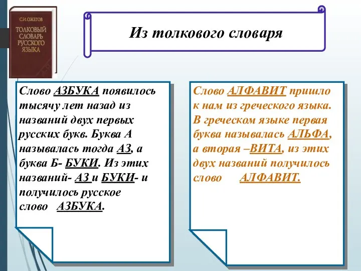 Слово АЗБУКА появилось тысячу лет назад из названий двух первых русских