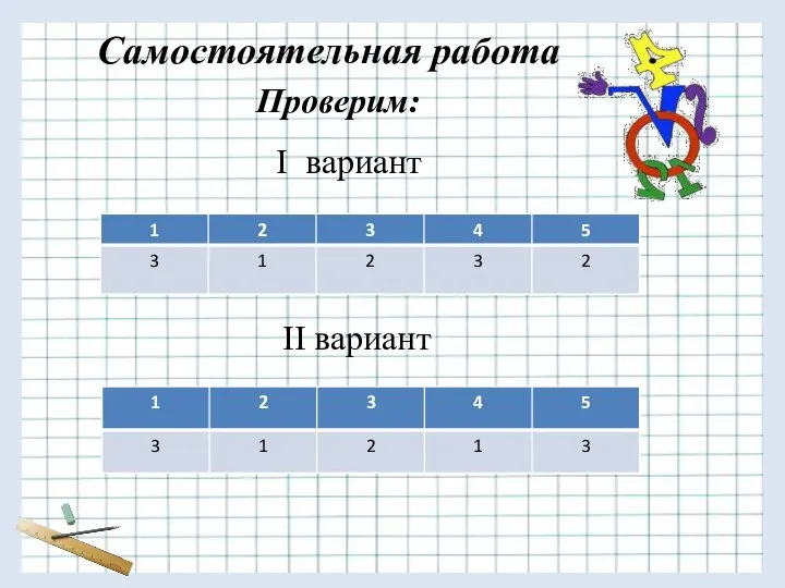 Самостоятельная работа Проверим: I вариант II вариант