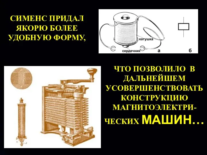 СИМЕНС ПРИДАЛ ЯКОРЮ БОЛЕЕ УДОБНУЮ ФОРМУ, ЧТО ПОЗВОЛИЛО В ДАЛЬНЕЙШЕМ УСОВЕРШЕНСТВОВАТЬ КОНСТРУКЦИЮ МАГНИТОЭЛЕКТРИ-ЧЕСКИХ МАШИН…