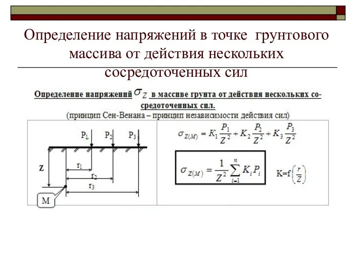 Определение напряжений в точке грунтового массива от действия нескольких сосредоточенных сил