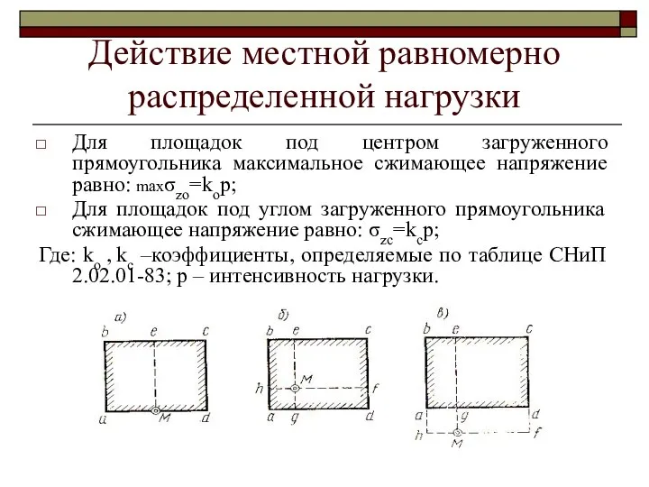 Действие местной равномерно распределенной нагрузки Для площадок под центром загруженного прямоугольника