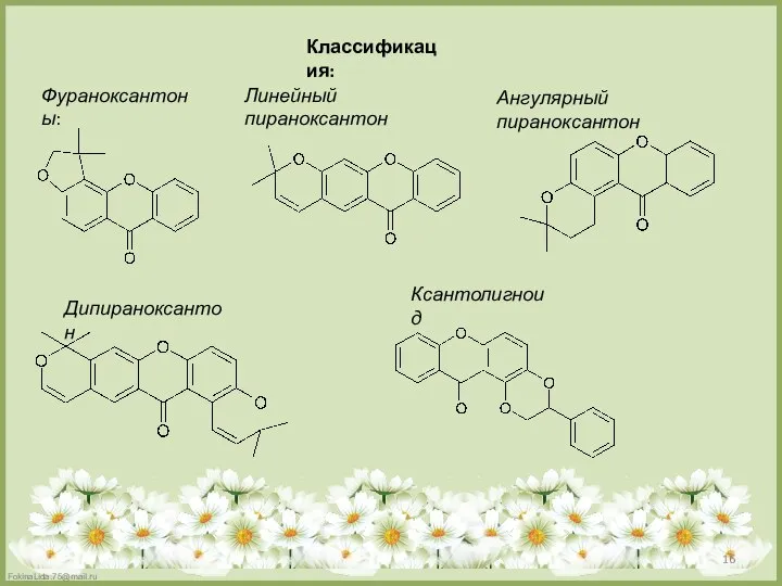 Классификация: Фураноксантоны: Линейный пираноксантон Ангулярный пираноксантон Дипираноксантон Ксантолигноид