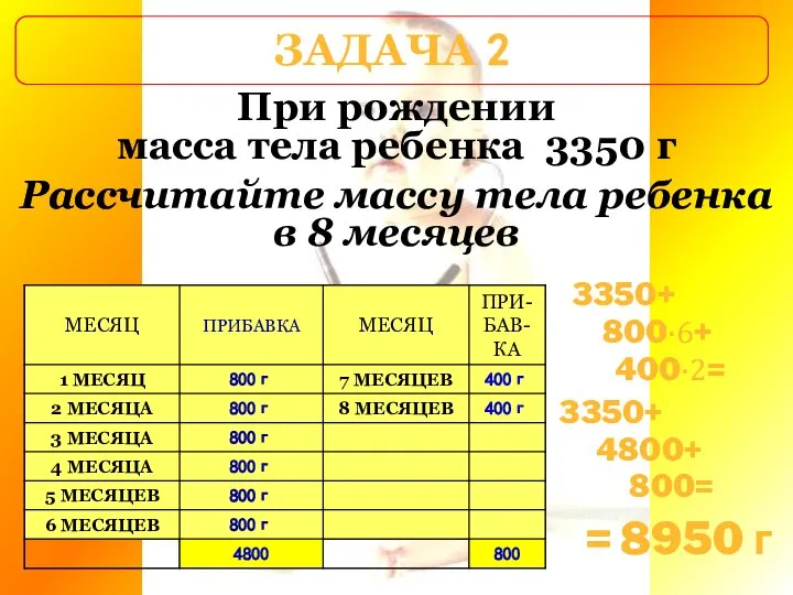 ЗАДАЧА 2 При рождении масса тела ребенка 3350 г Рассчитайте массу