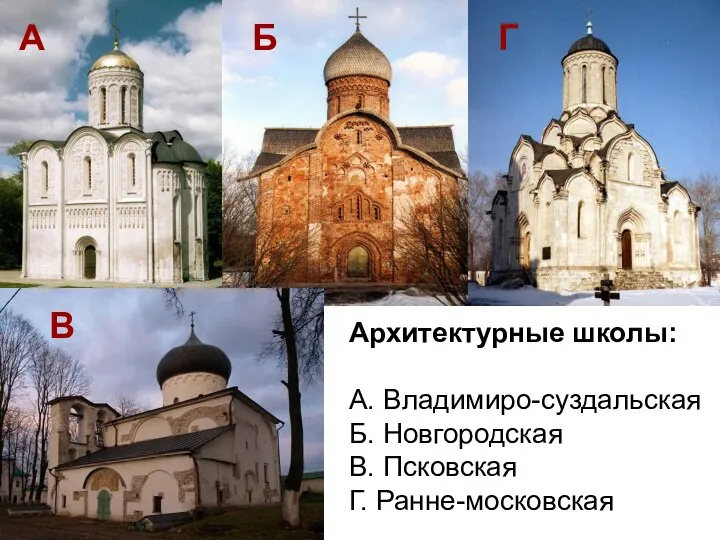 Архитектурные школы: А. Владимиро-суздальская Б. Новгородская В. Псковская Г. Ранне-московская Б Г В А