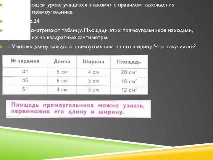 На следующем уроке учащихся знакомят с правилом нахождения площади прямоугольника А3М