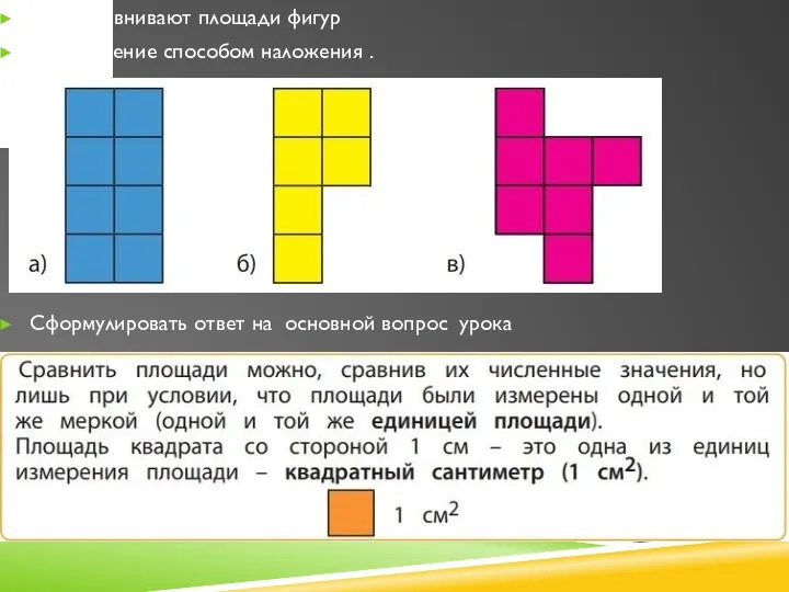 Дети сравнивают площади фигур Б) Сравнение способом наложения . Сформулировать ответ на основной вопрос урока