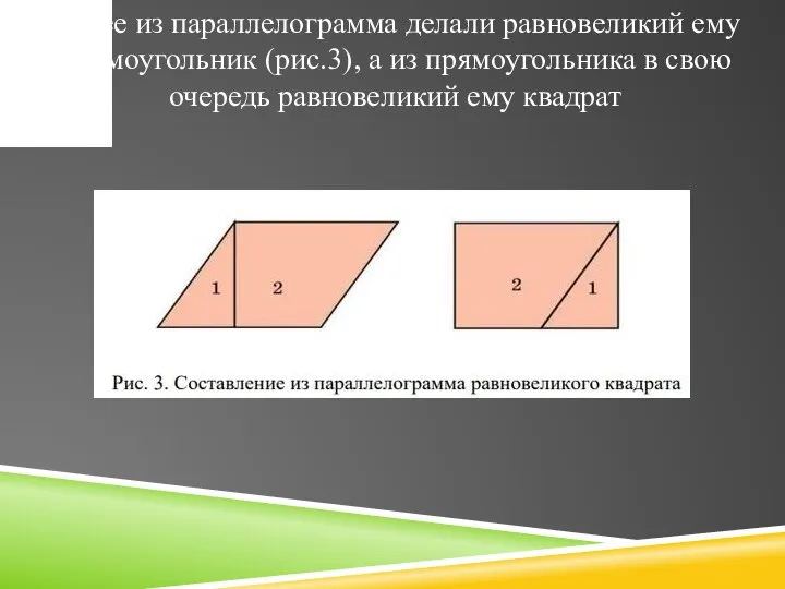 Далее из параллелограмма делали равновеликий ему прямоугольник (рис.3), а из прямоугольника