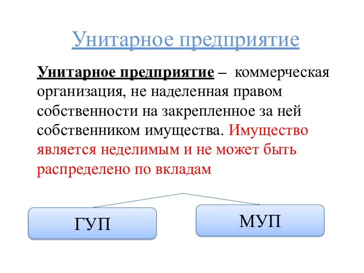 Унитарное предприятие Унитарное предприятие – коммерческая организация, не наделенная правом собственности