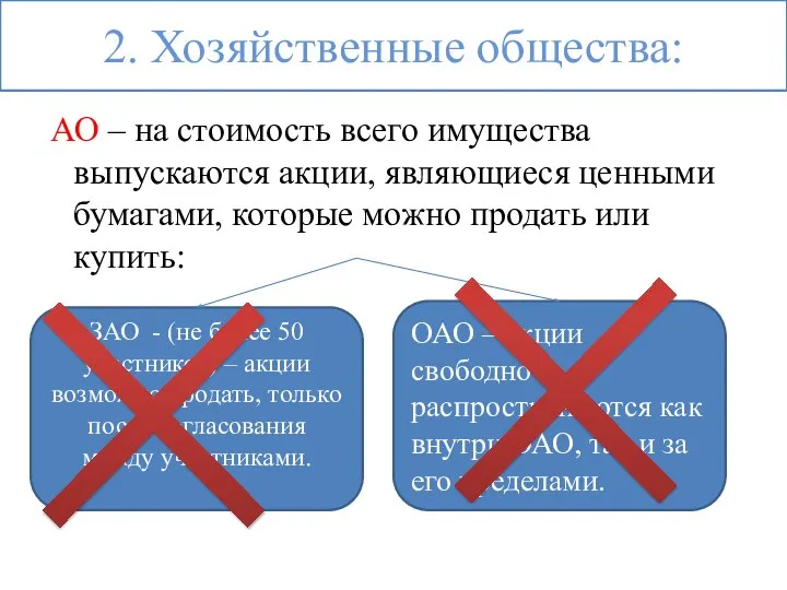 2. Хозяйственные общества: АО – на стоимость всего имущества выпускаются акции,