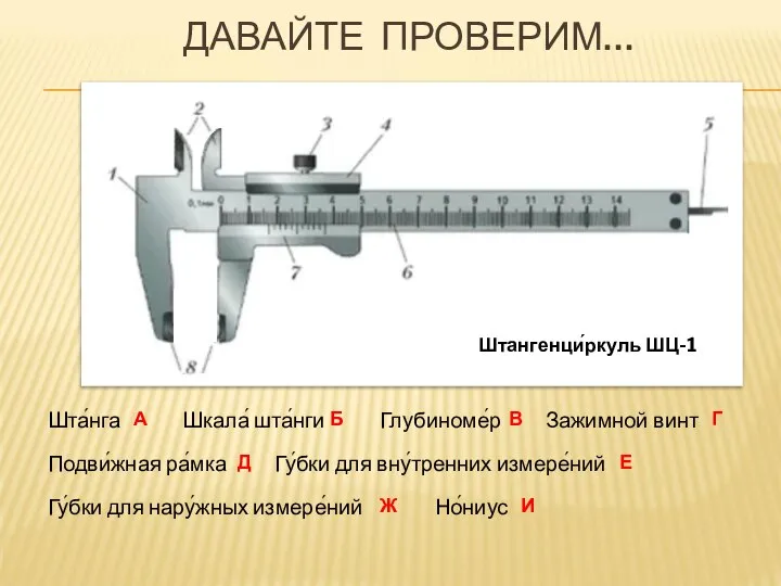 ДАВАЙТЕ ПРОВЕРИМ… Шта́нга А Гу́бки для вну́тренних измере́ний Зажимной винт Подви́жная