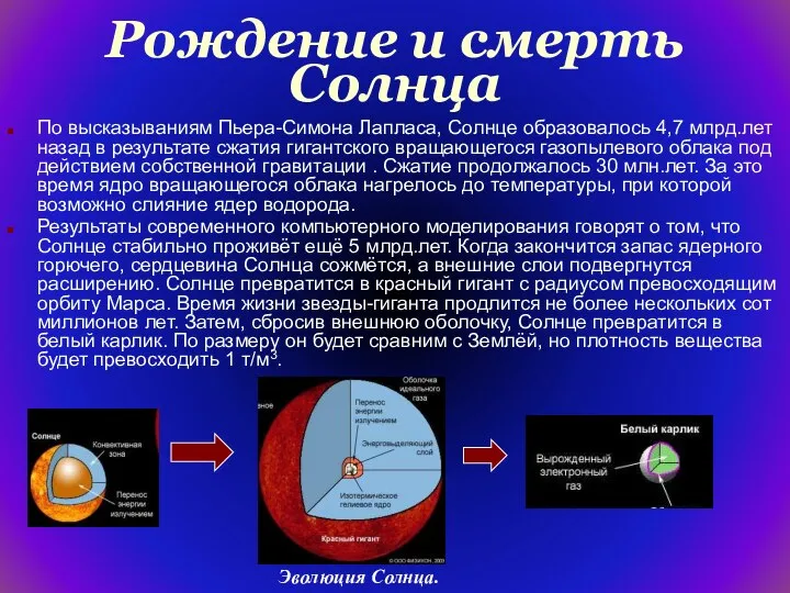 Рождение и смерть Солнца По высказываниям Пьера-Симона Лапласа, Солнце образовалось 4,7