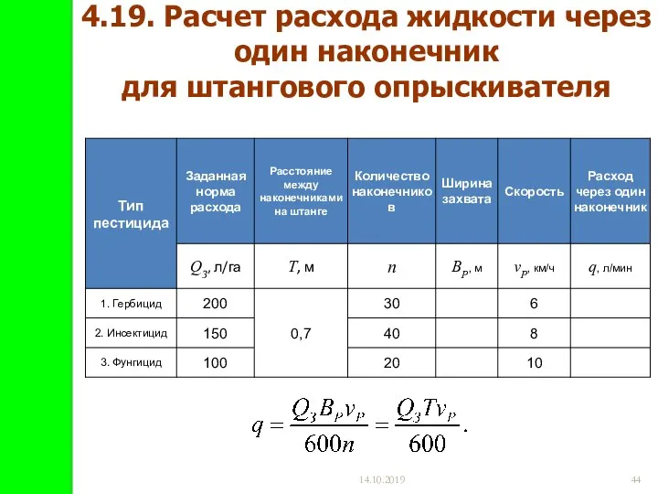 14.10.2019 4.19. Расчет расхода жидкости через один наконечник для штангового опрыскивателя