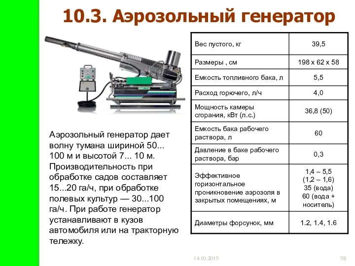 14.10.2019 10.3. Аэрозольный генератор Аэрозольный генератор дает волну тумана шириной 50...