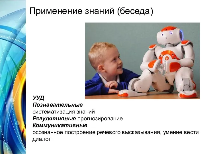Применение знаний (беседа) УУД Познавательные систематизация знаний Регулятивные прогнозирование Коммуникативные осознанное