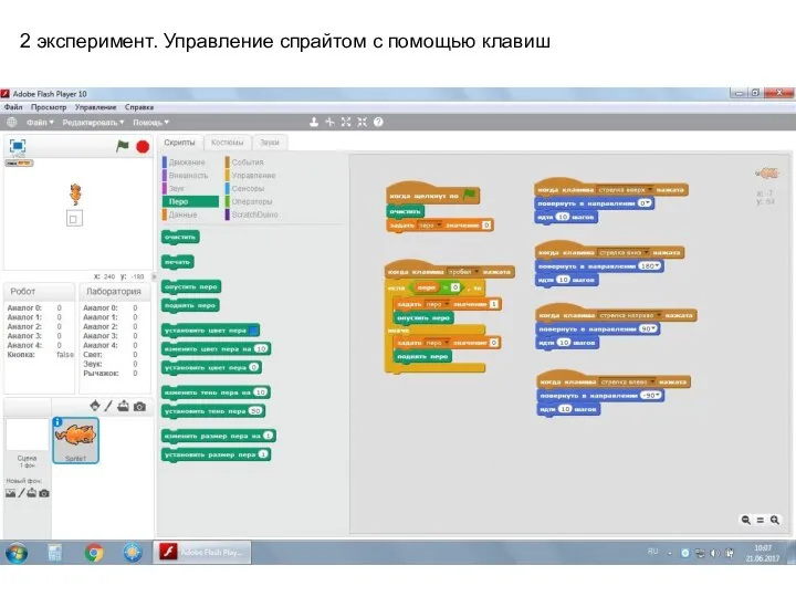 2 эксперимент. Управление спрайтом с помощью клавиш